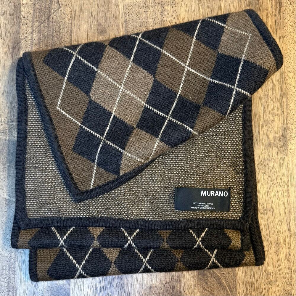 Murano 100% Merino Wool Scarf Argyle Diamond Rectangle Winter Brown 76.5" - Picture 5 of 6